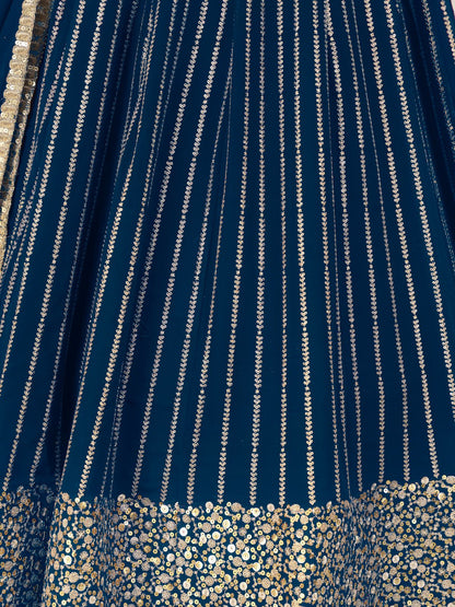 Odette Blue Georgette Embellished Semi Stitched Lehenga With Unstitched Blouse For Women