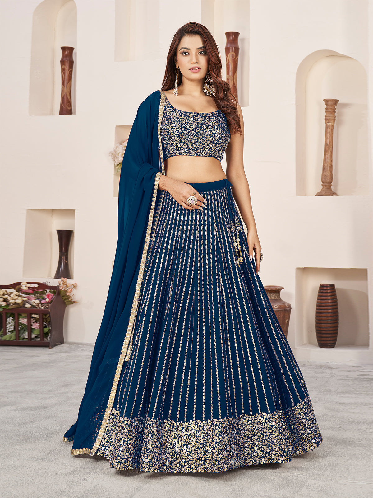 Odette Blue Georgette Embellished Semi Stitched Lehenga With Unstitched Blouse For Women