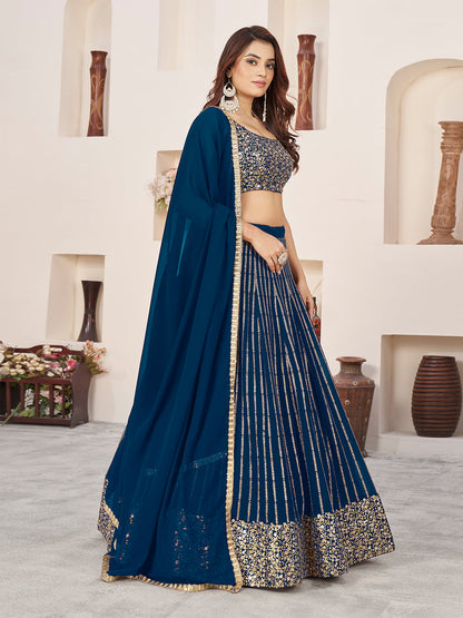Odette Blue Georgette Embellished Semi Stitched Lehenga With Unstitched Blouse For Women