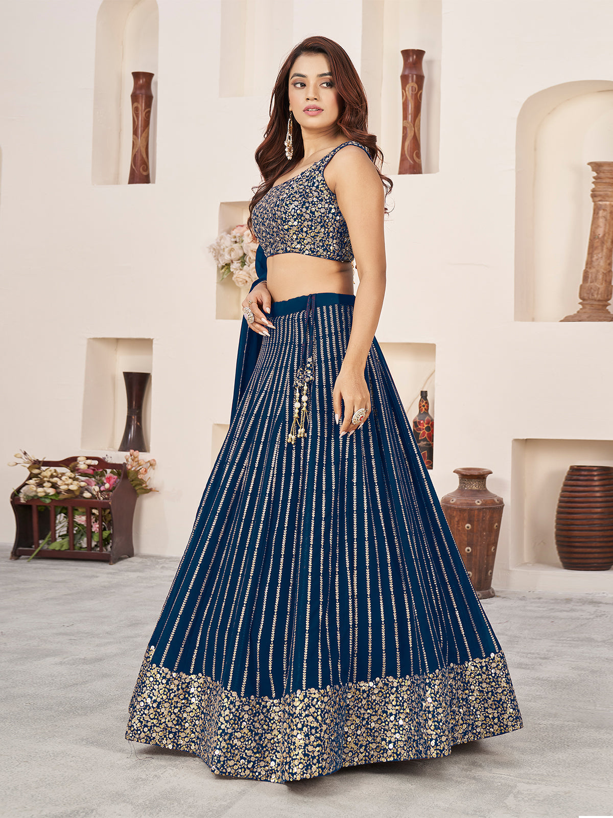 Odette Blue Georgette Embellished Semi Stitched Lehenga With Unstitched Blouse For Women