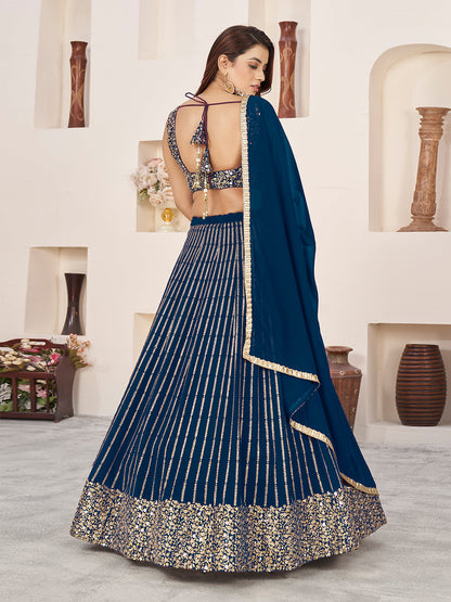 Odette Blue Georgette Embellished Semi Stitched Lehenga With Unstitched Blouse For Women