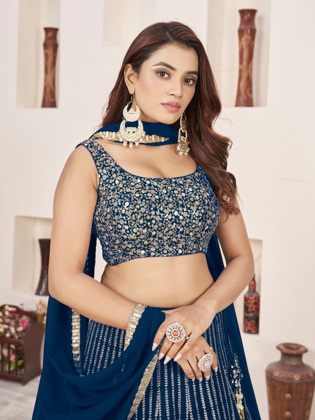 Odette Blue Georgette Embellished Semi Stitched Lehenga With Unstitched Blouse For Women