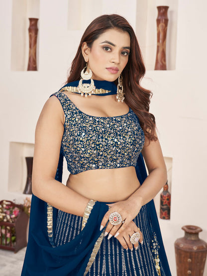 Odette Blue Georgette Embellished Semi Stitched Lehenga With Unstitched Blouse For Women