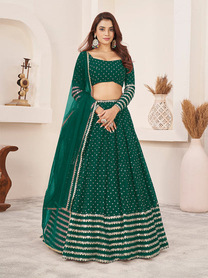 Odette Teal Georgette Embellished Semi Stitched Lehenga With Unstitched Blouse For Women