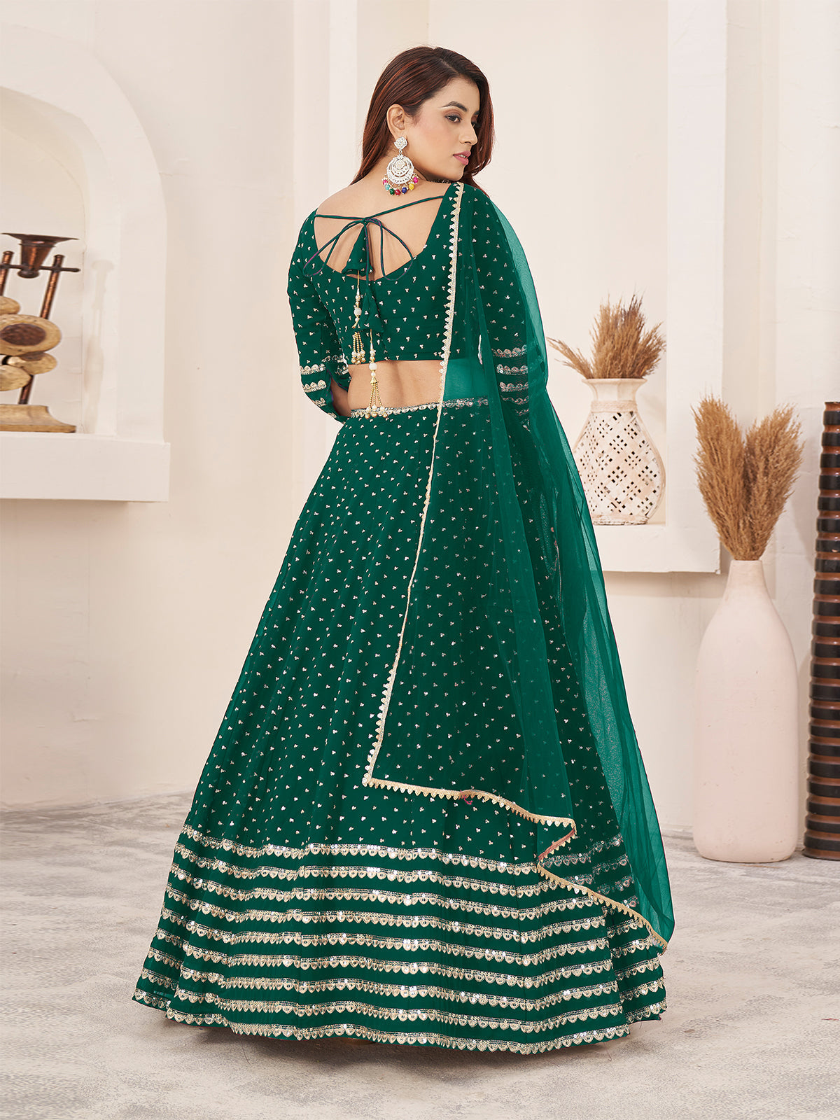 Odette Teal Georgette Embellished Semi Stitched Lehenga With Unstitched Blouse For Women
