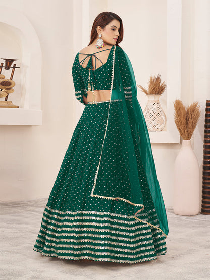 Odette Teal Georgette Embellished Semi Stitched Lehenga With Unstitched Blouse For Women