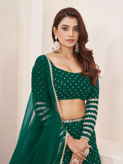Odette Teal Georgette Embellished Semi Stitched Lehenga With Unstitched Blouse For Women