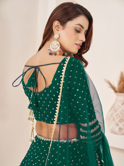 Odette Teal Georgette Embellished Semi Stitched Lehenga With Unstitched Blouse For Women
