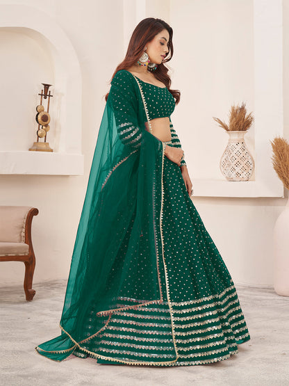 Odette Teal Georgette Embellished Semi Stitched Lehenga With Unstitched Blouse For Women