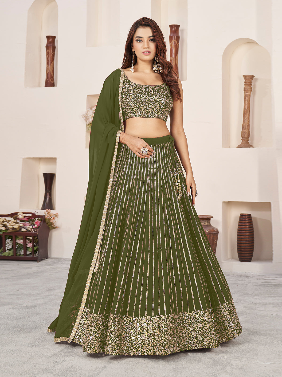 Odette Olive Georgette Embellished Semi Stiched Lehenga With Unstitched Blouse For Women