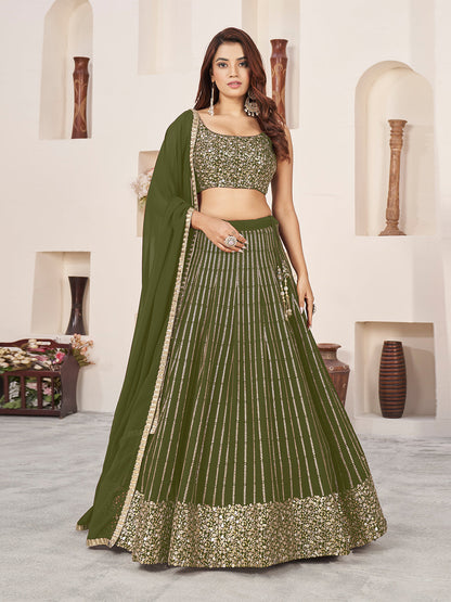 Odette Olive Georgette Embellished Semi Stiched Lehenga With Unstitched Blouse For Women