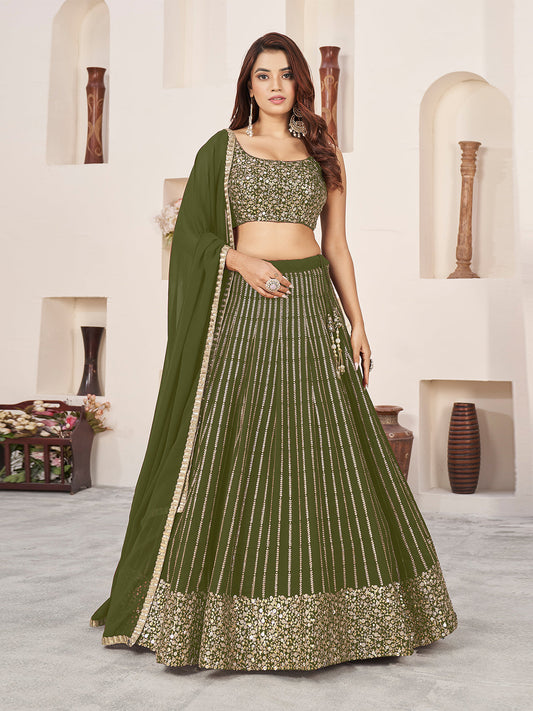 Odette Olive Georgette Embellished Semi Stiched Lehenga With Unstitched Blouse For Women