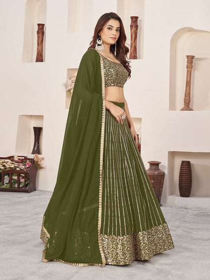 Odette Olive Georgette Embellished Semi Stiched Lehenga With Unstitched Blouse For Women
