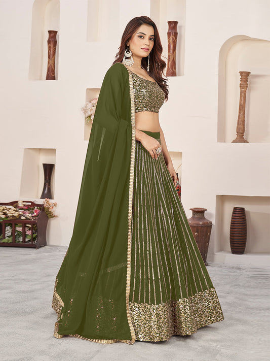 Odette Olive Georgette Embellished Semi Stiched Lehenga With Unstitched Blouse For Women
