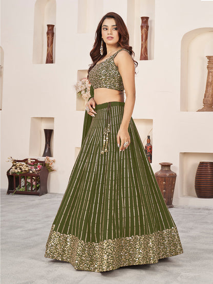 Odette Olive Georgette Embellished Semi Stiched Lehenga With Unstitched Blouse For Women