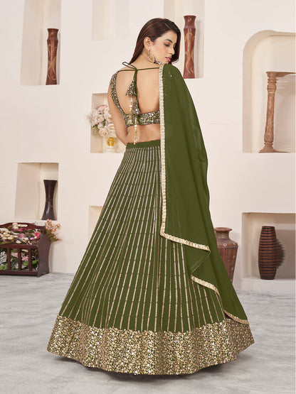 Odette Olive Georgette Embellished Semi Stiched Lehenga With Unstitched Blouse For Women