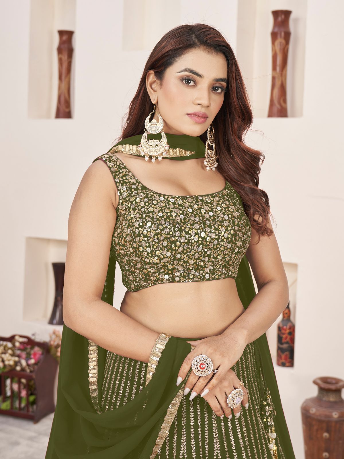 Odette Olive Georgette Embellished Semi Stiched Lehenga With Unstitched Blouse For Women
