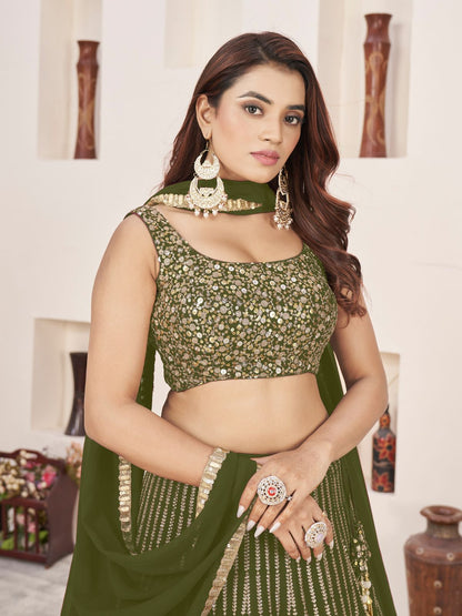 Odette Olive Georgette Embellished Semi Stiched Lehenga With Unstitched Blouse For Women