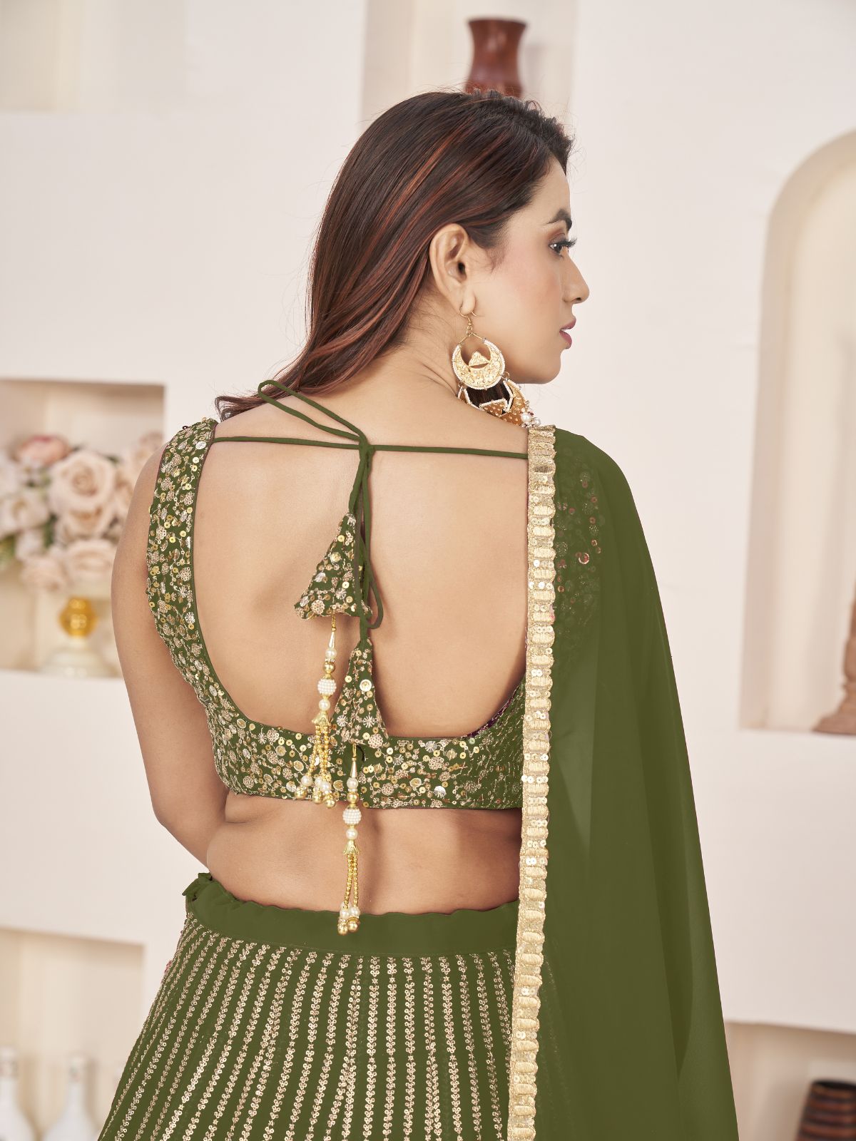 Odette Olive Georgette Embellished Semi Stiched Lehenga With Unstitched Blouse For Women