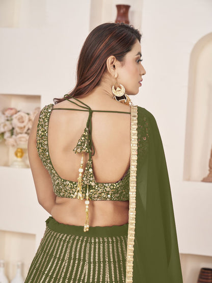 Odette Olive Georgette Embellished Semi Stiched Lehenga With Unstitched Blouse For Women