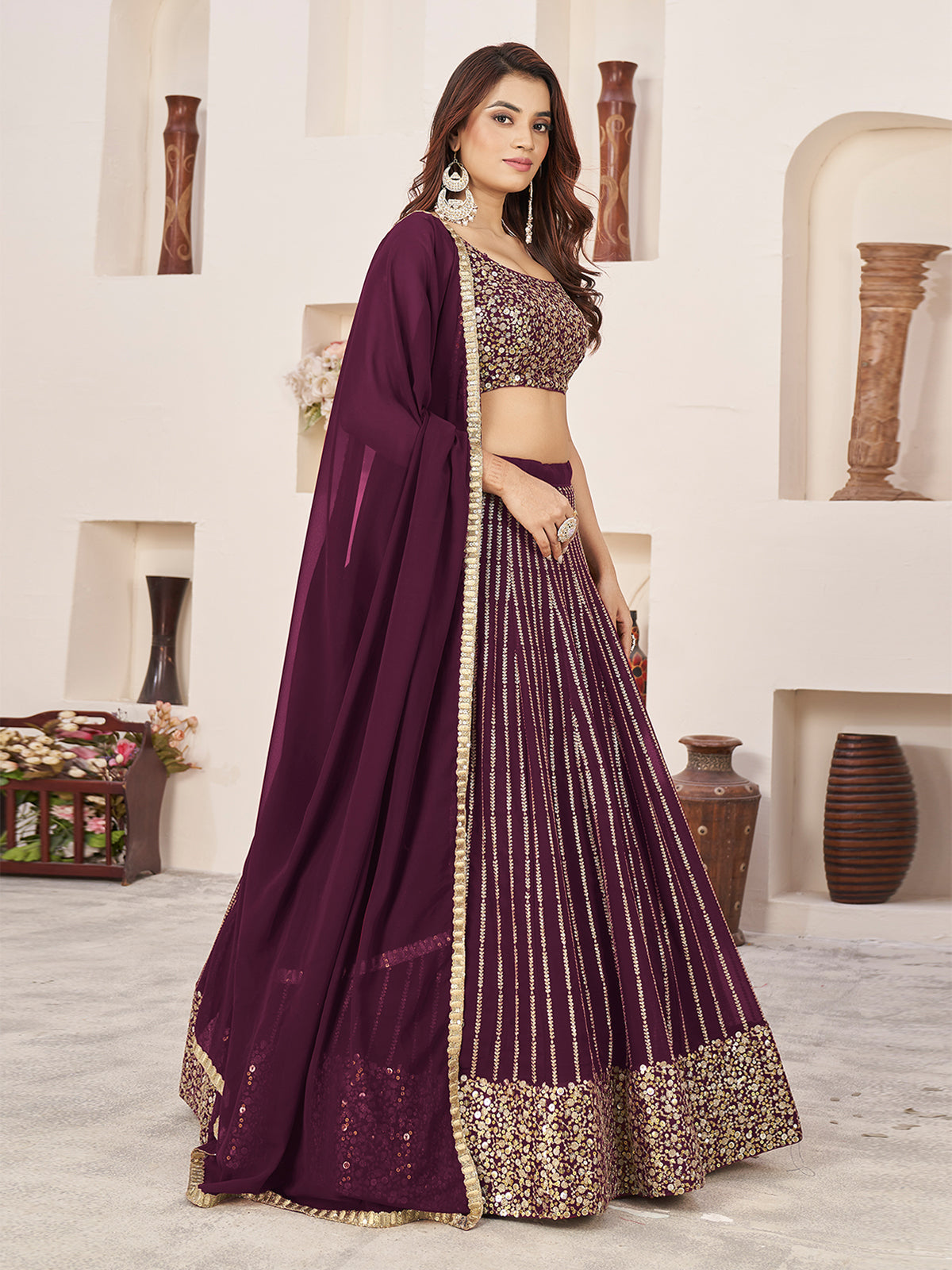 Odette Wine Georgette Embellished Semi Stitched Lehenga With Unstitched Blouse For Women