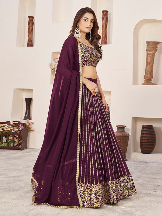 Odette Wine Georgette Embellished Semi Stitched Lehenga With Unstitched Blouse For Women