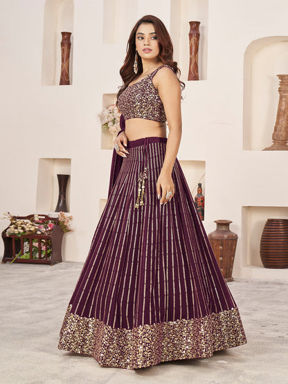 Odette Wine Georgette Embellished Semi Stitched Lehenga With Unstitched Blouse For Women