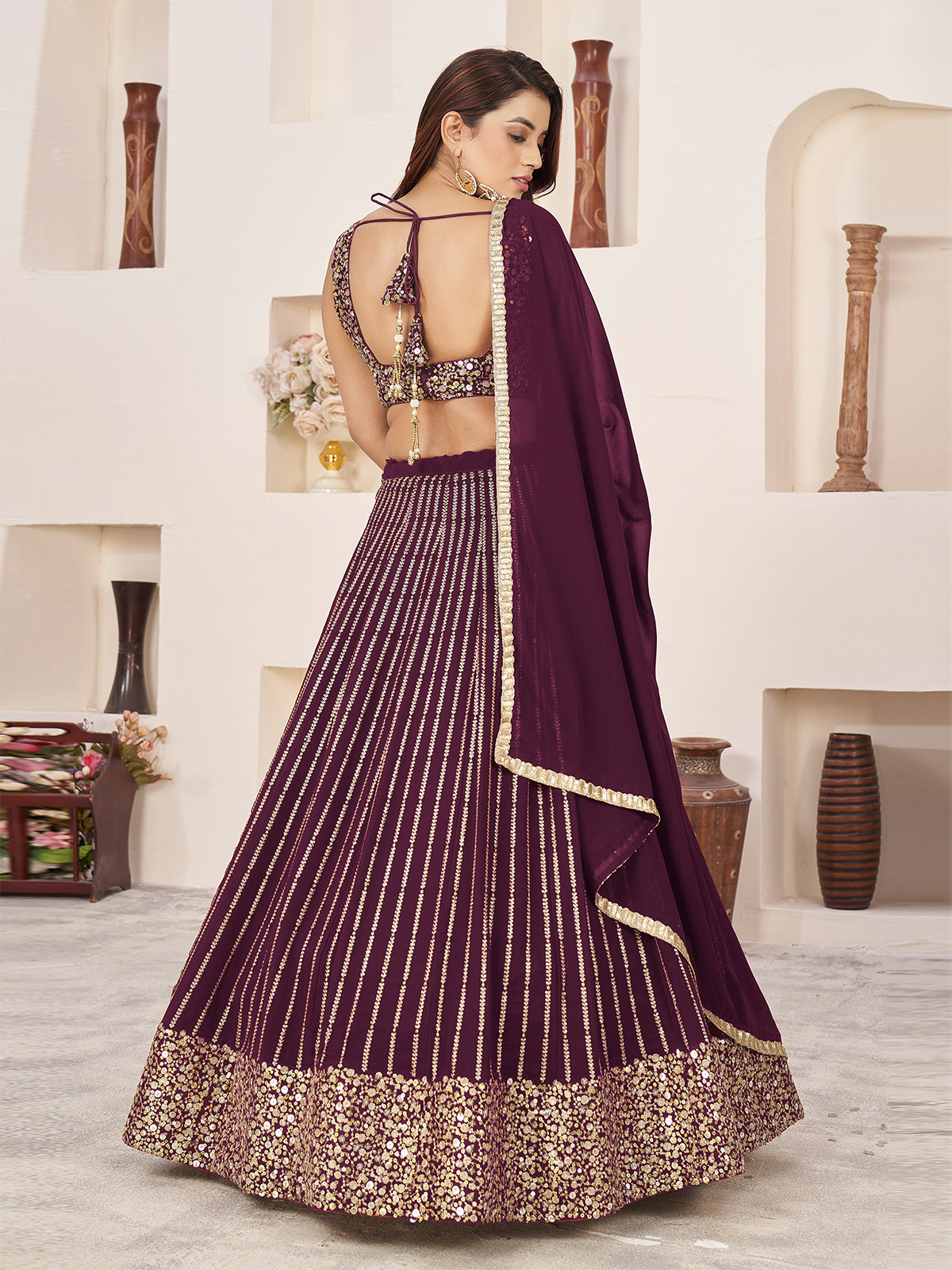 Odette Wine Georgette Embellished Semi Stitched Lehenga With Unstitched Blouse For Women