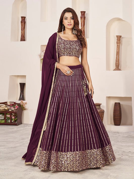 Odette Wine Georgette Embellished Semi Stitched Lehenga With Unstitched Blouse For Women