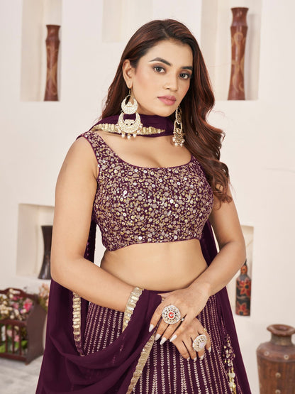 Odette Wine Georgette Embellished Semi Stitched Lehenga With Unstitched Blouse For Women