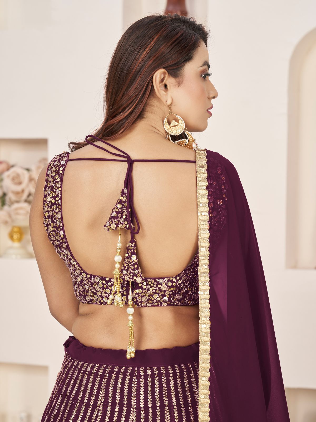 Odette Wine Georgette Embellished Semi Stitched Lehenga With Unstitched Blouse For Women