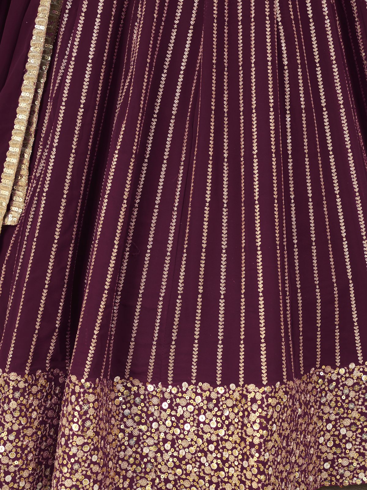 Odette Wine Georgette Embellished Semi Stitched Lehenga With Unstitched Blouse For Women