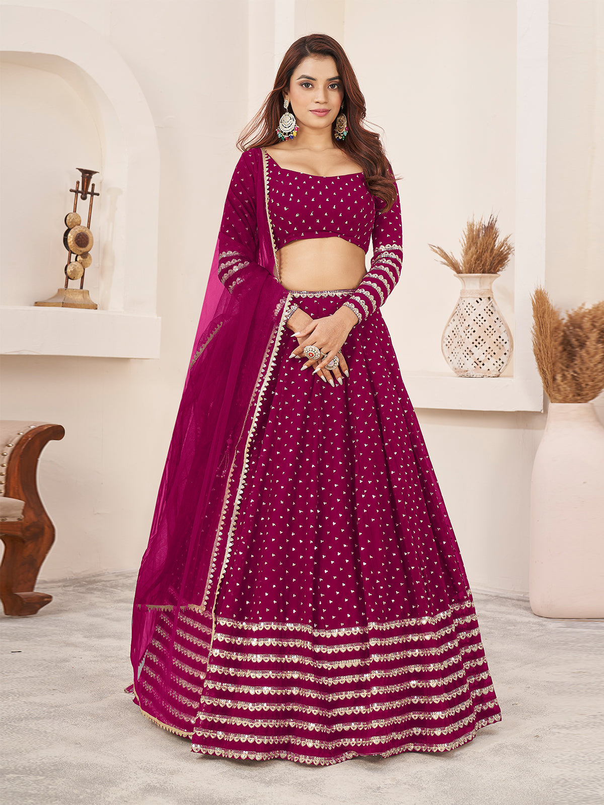 Odette Pink Georgette Embellished Semi Stiched Lehenga With Unstitched Blouse For Women
