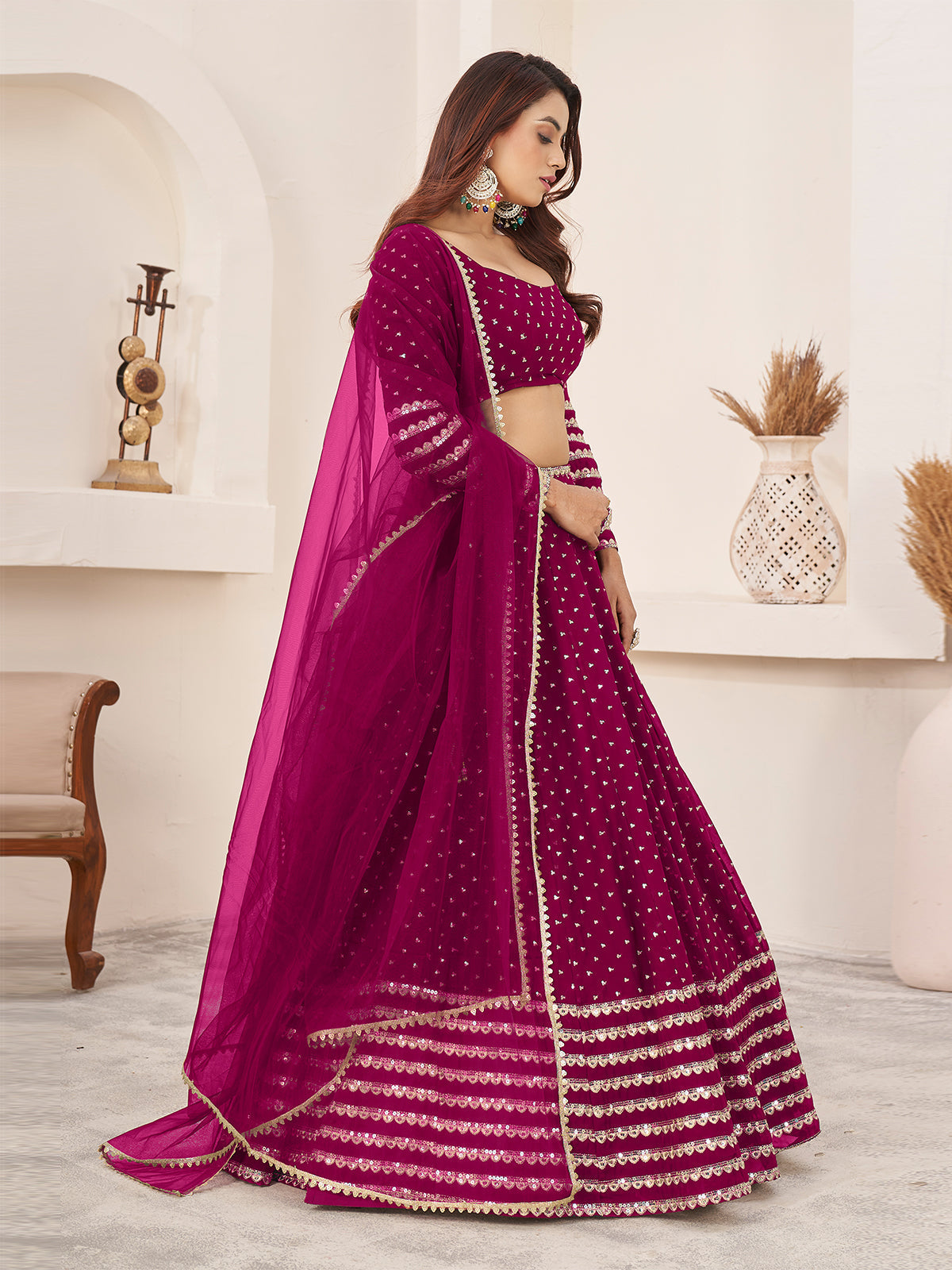Odette Pink Georgette Embellished Semi Stiched Lehenga With Unstitched Blouse For Women