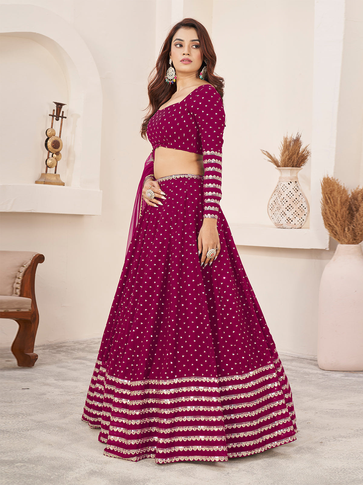 Odette Pink Georgette Embellished Semi Stiched Lehenga With Unstitched Blouse For Women