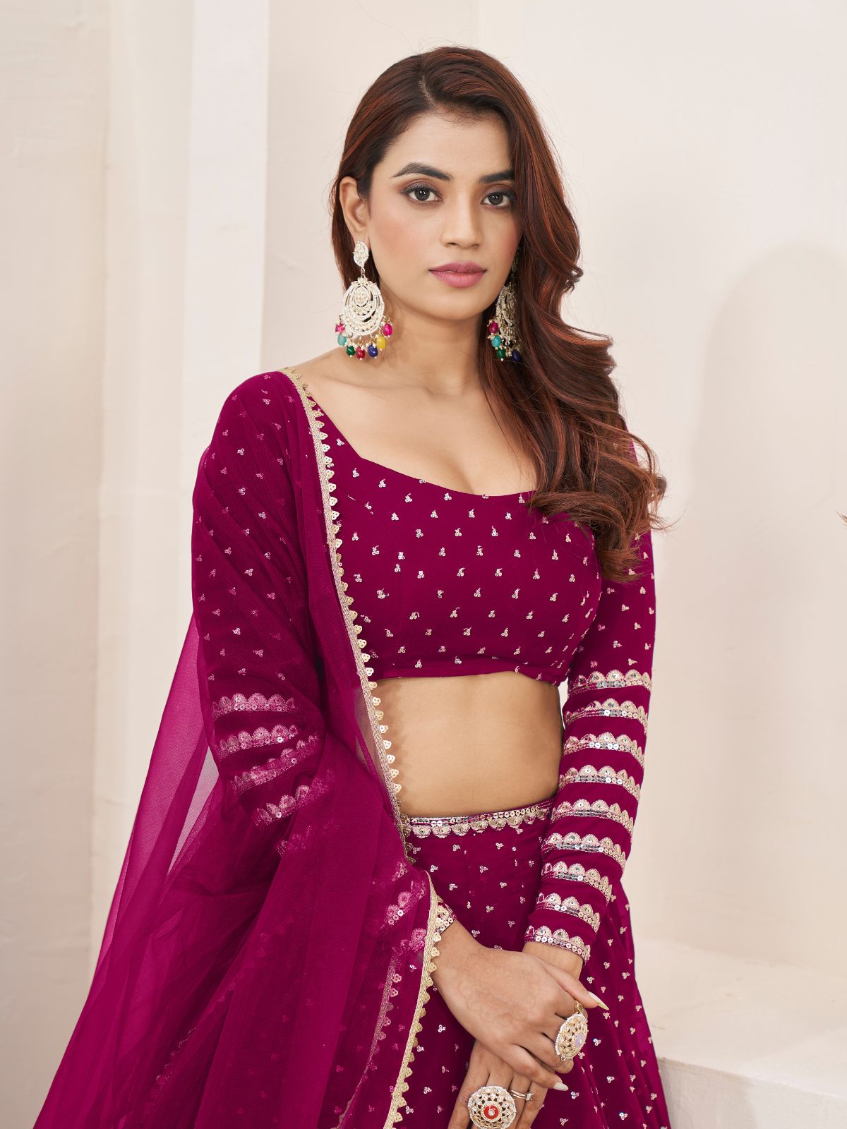 Odette Pink Georgette Embellished Semi Stiched Lehenga With Unstitched Blouse For Women