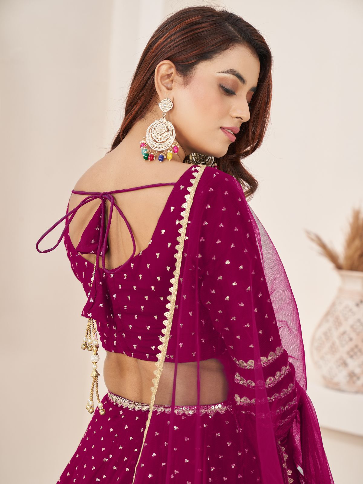 Odette Pink Georgette Embellished Semi Stiched Lehenga With Unstitched Blouse For Women