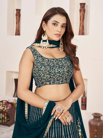 Odette Green Georgette Embellished Semi Stitched Lehenga With Unstitched Blouse For Women