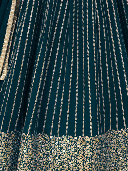 Odette Green Georgette Embellished Semi Stitched Lehenga With Unstitched Blouse For Women