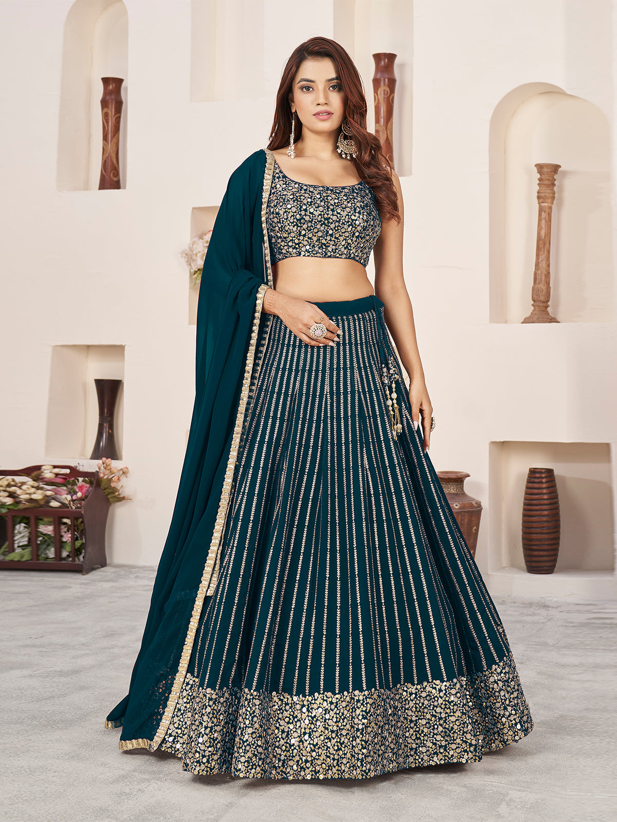Odette Green Georgette Embellished Semi Stitched Lehenga With Unstitched Blouse For Women
