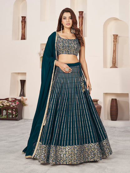 Odette Green Georgette Embellished Semi Stitched Lehenga With Unstitched Blouse For Women