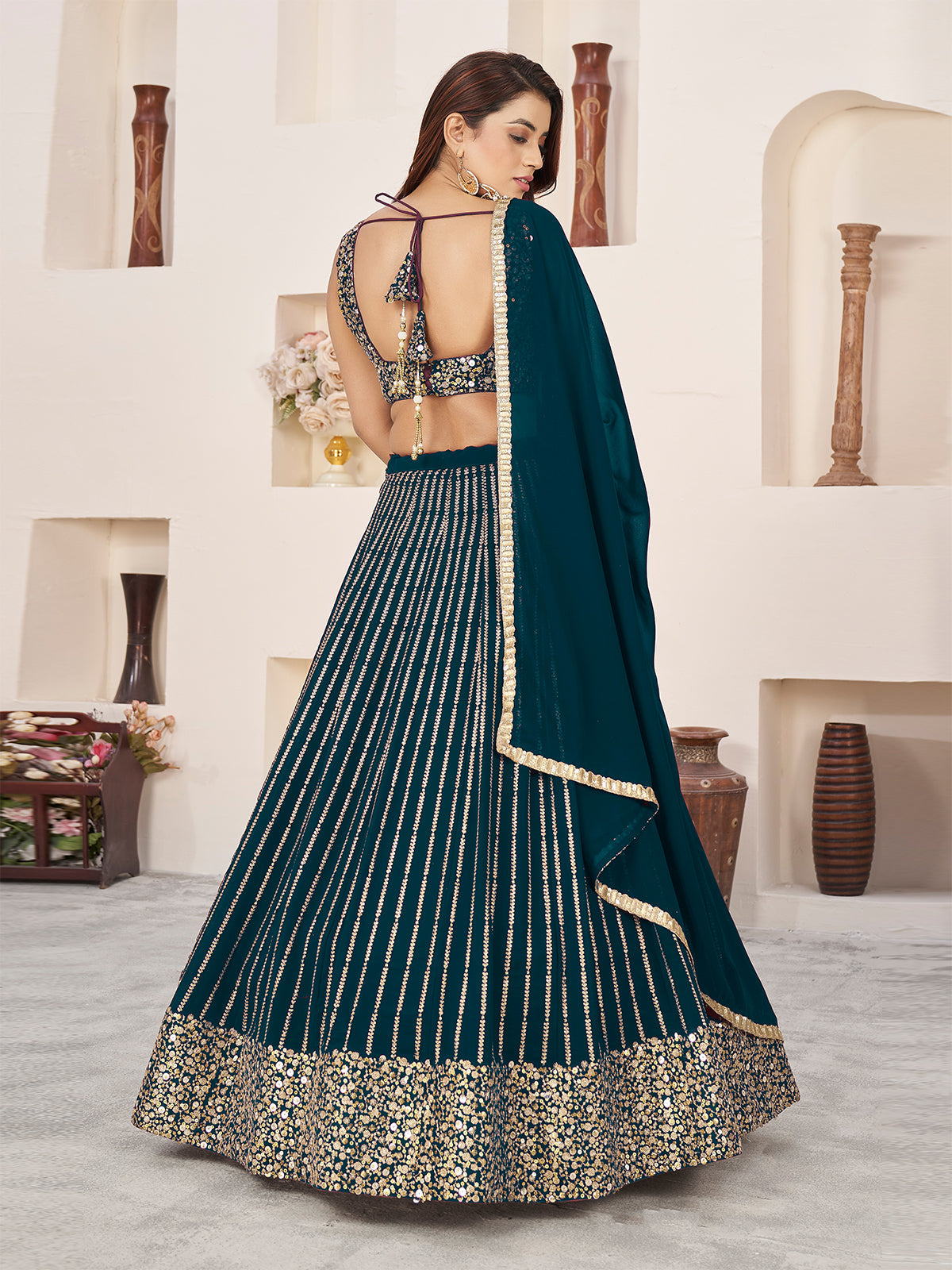 Odette Green Georgette Embellished Semi Stitched Lehenga With Unstitched Blouse For Women