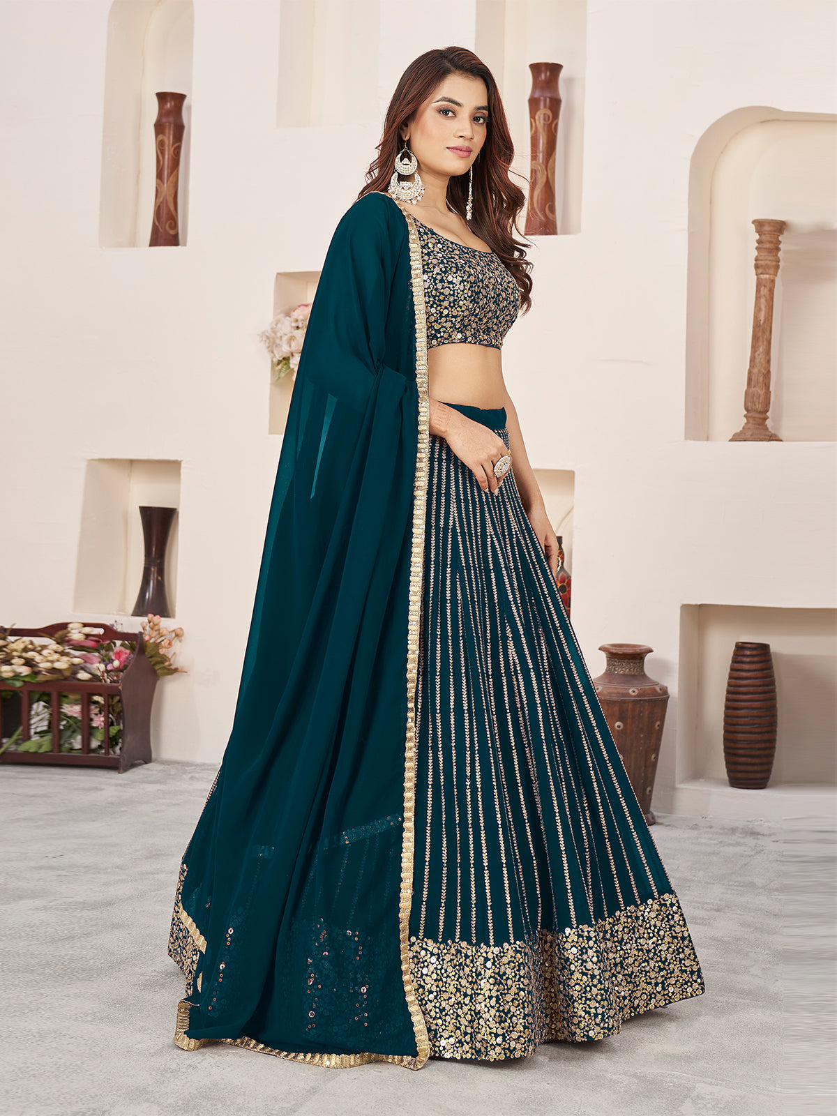 Odette Green Georgette Embellished Semi Stitched Lehenga With Unstitched Blouse For Women