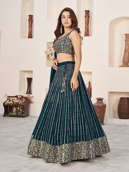 Odette Green Georgette Embellished Semi Stitched Lehenga With Unstitched Blouse For Women