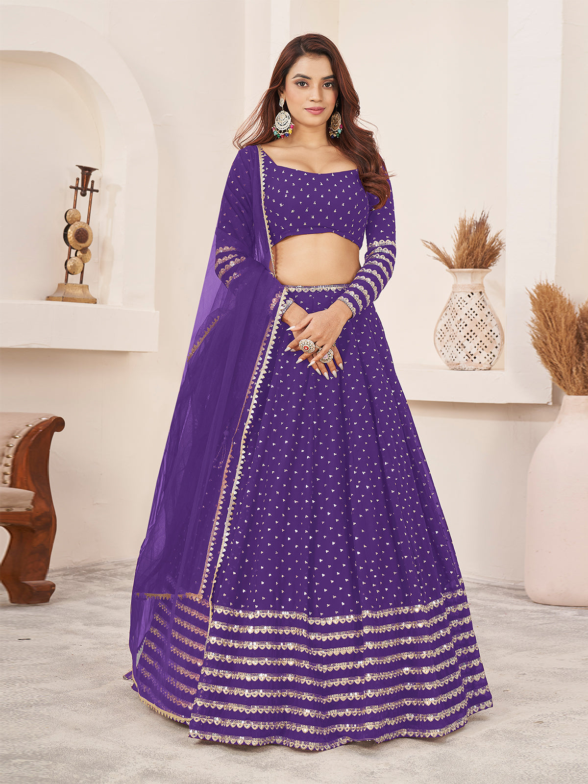 Odette Violet Georgette Embellished Semi Stitched Lehenga With Unstitched Blouse For Women