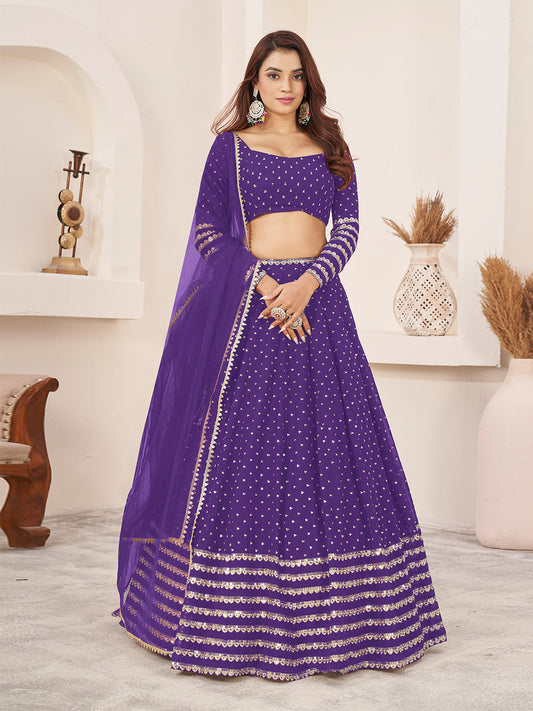 Odette Violet Georgette Embellished Semi Stitched Lehenga With Unstitched Blouse For Women