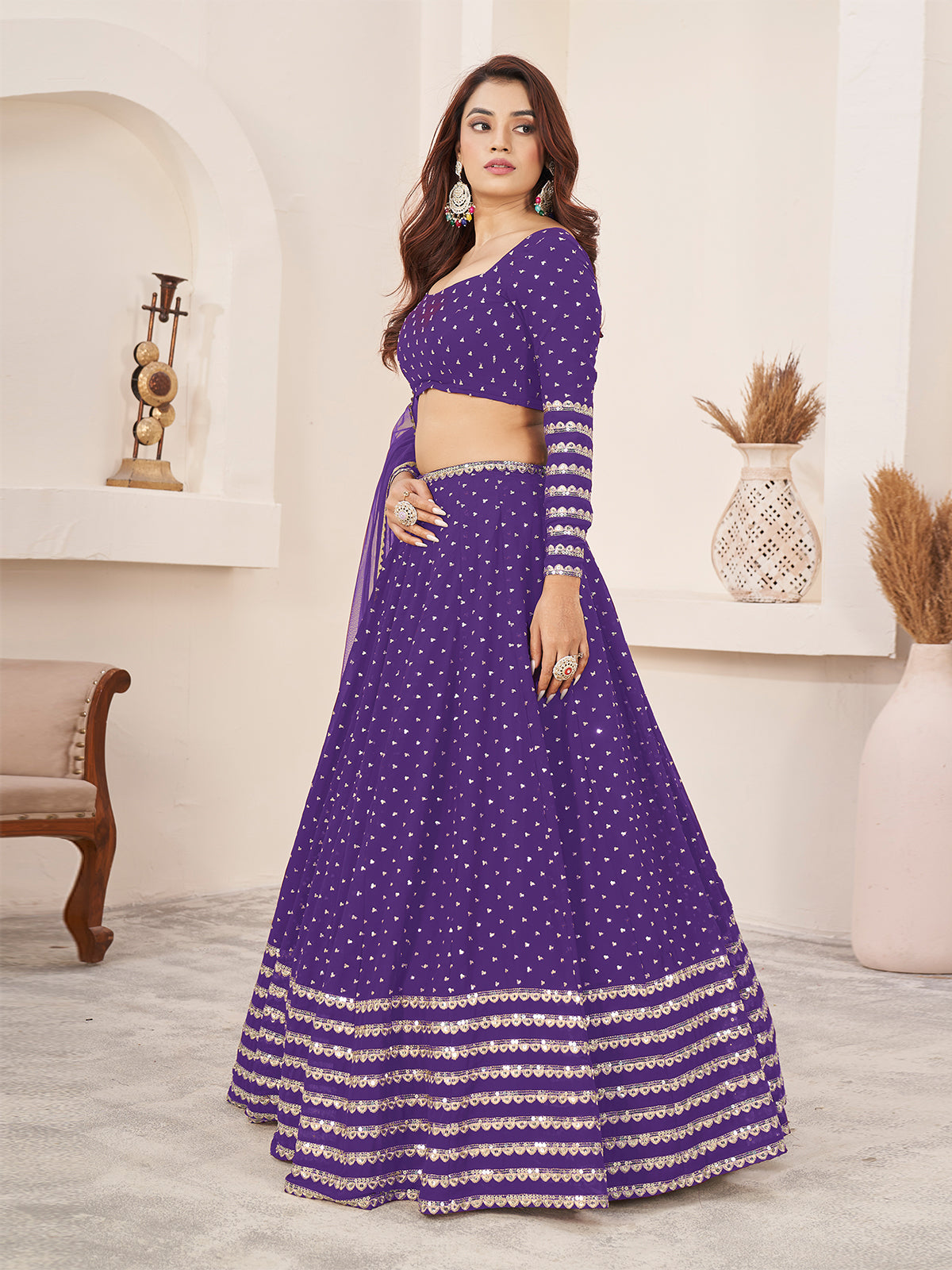 Odette Violet Georgette Embellished Semi Stitched Lehenga With Unstitched Blouse For Women