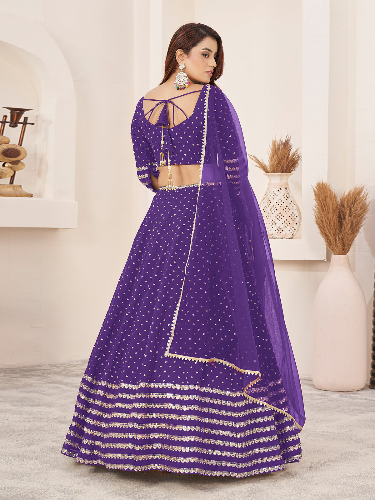 Odette Violet Georgette Embellished Semi Stitched Lehenga With Unstitched Blouse For Women