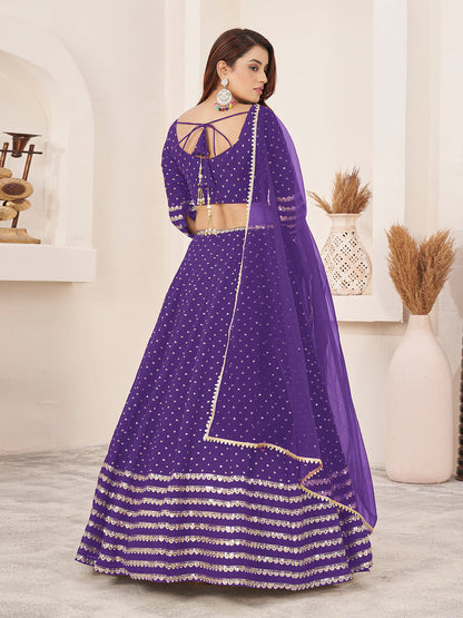 Odette Violet Georgette Embellished Semi Stitched Lehenga With Unstitched Blouse For Women
