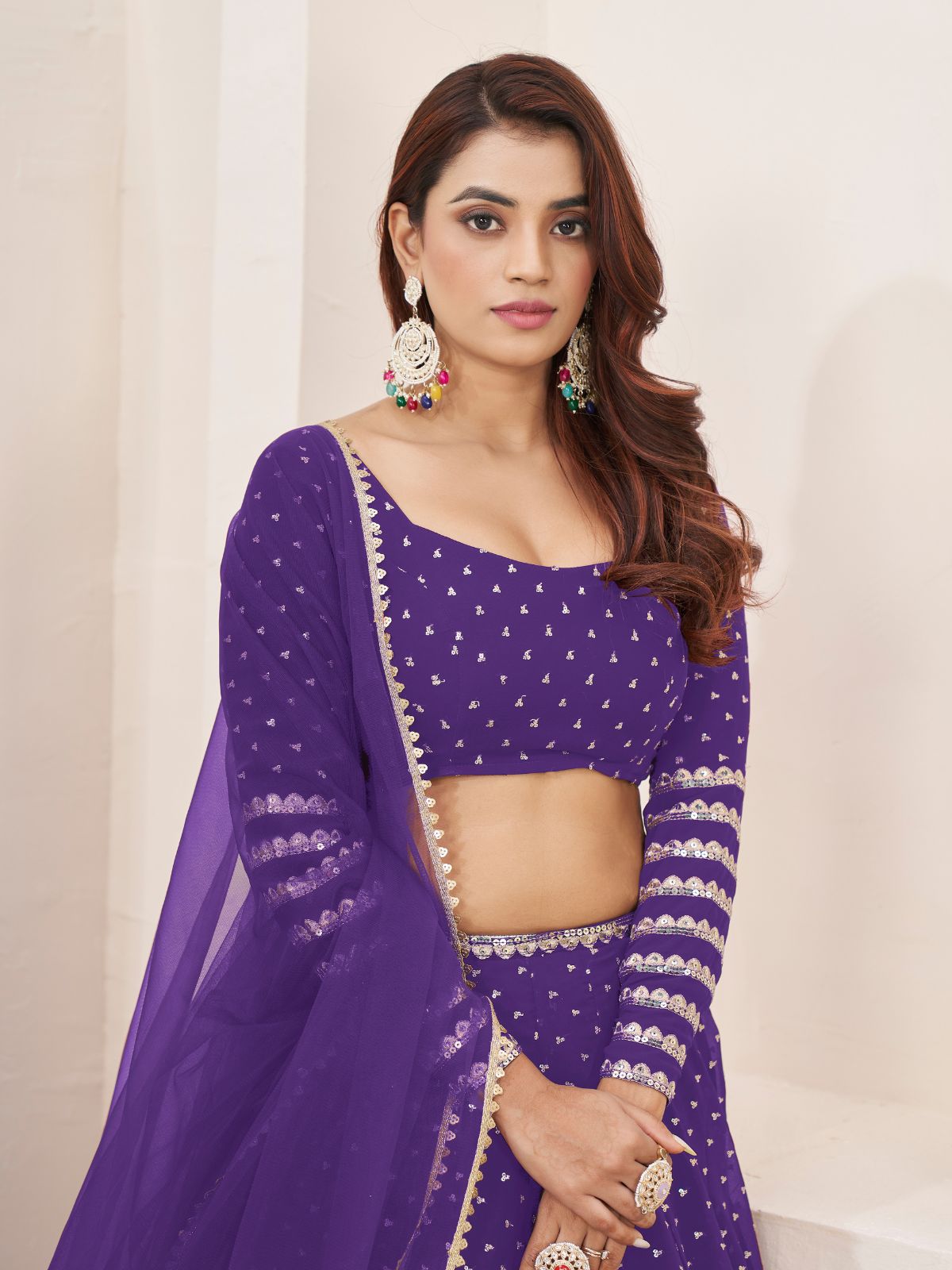 Odette Violet Georgette Embellished Semi Stitched Lehenga With Unstitched Blouse For Women